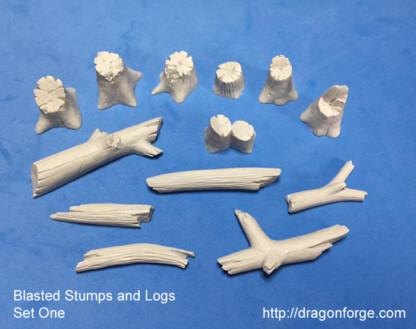 Blasted Stumps and Logs like those found on a battlefield. Set One (1) Package of 13 pieces Cast in Gray Urethane Resin