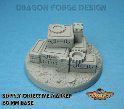 Supply Objective Marker 60 mm Base Set One (1) Supply Objective Marker 60 mm Base 2 Pieces Cast as two parts so you can use the supply pile on a base of your choosing if you wish.